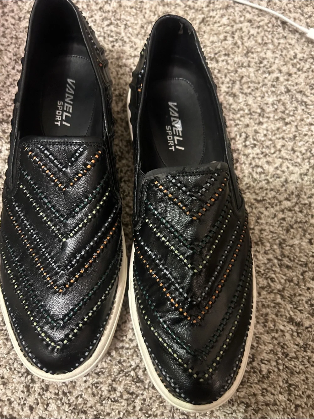 Vaneli Black Slip-On Loafers with Multicolor Stitching